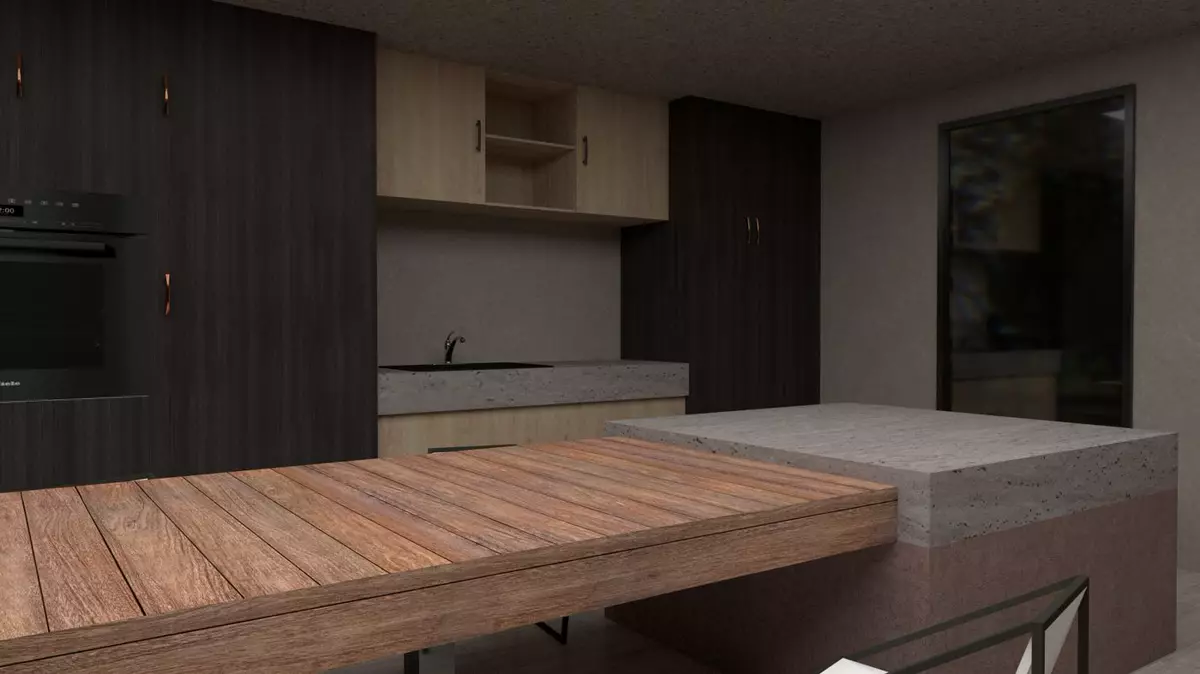 Dreidimensionales Rendering einer modernen Küchenplanung